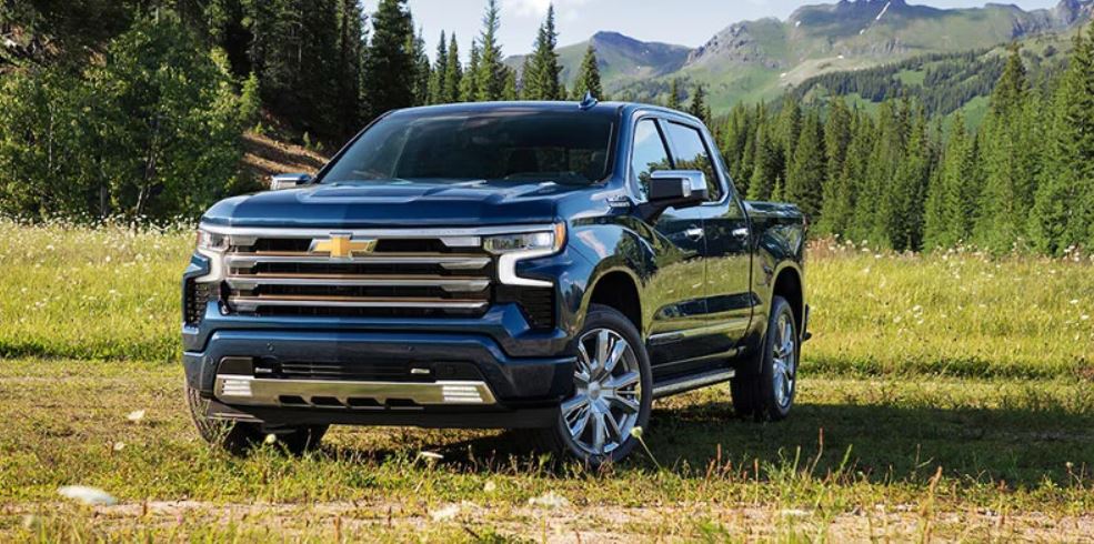 A blue 2022 Chevrolet Silverado 1500 parked on a grassy field with mountains and foliage in the background.