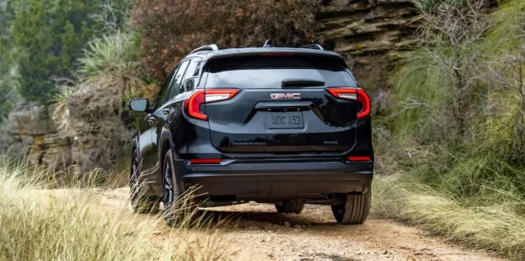 A black 2022 GMC Terrain from the back.