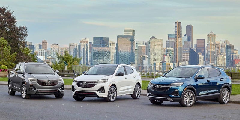 Three 2023 Buick Encore GX vehicles.
