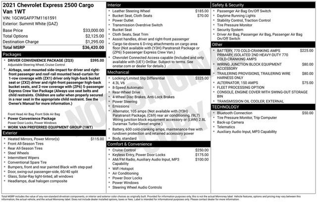 2021 Chevrolet Express Cargo Van Work Van
