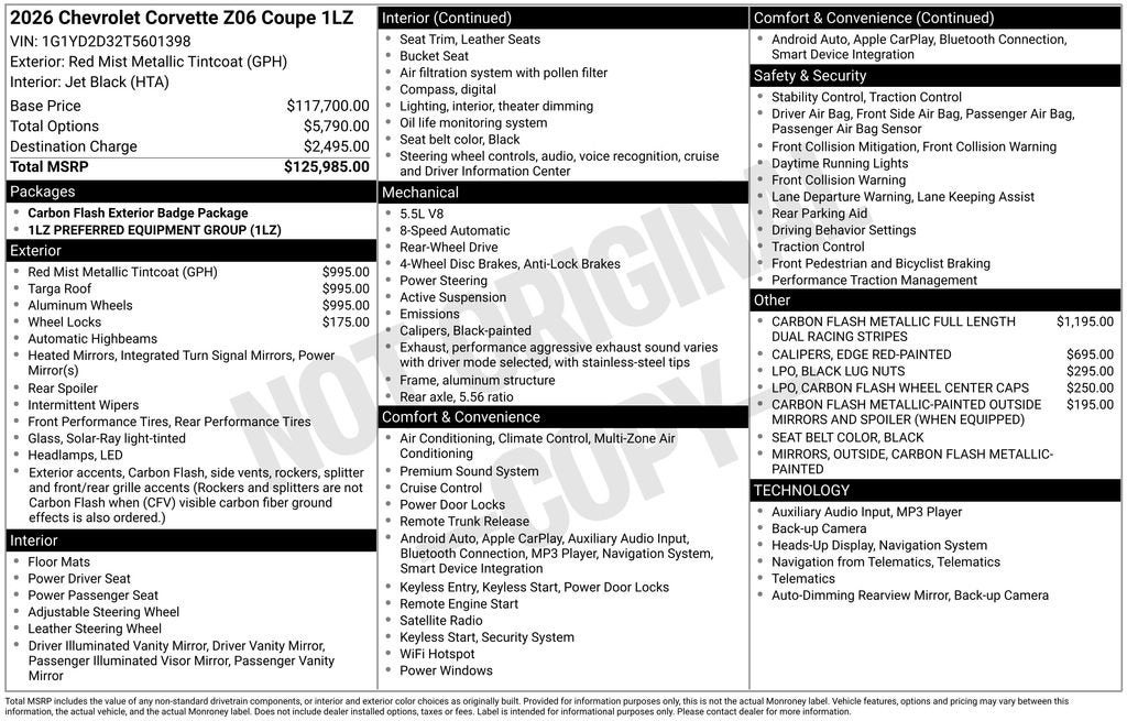 2026 Chevrolet Corvette Z06 1LZ